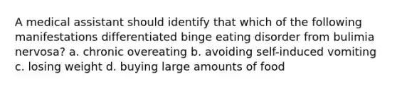 A medical assistant should identify that which of the following manifestations differentiated binge eating disorder from bulimia nervosa? a. chronic overeating b. avoiding self-induced vomiting c. losing weight d. buying large amounts of food