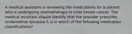 A medical assistant is reviewing the medications for a patient who is undergoing chemotherapy to treat breast cancer. The medical assistant should identify that the provider prescribe ondansetron because it is in which of the following medication classifications?