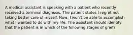 A medical assistant is speaking with a patient who recently received a terminal diagnosis. The patient states I regret not taking better care of myself. Now, I won't be able to accomplish what I wanted to do with my life. The assistant should identify that the patient is in which of the following stages of grief?