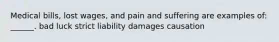 Medical bills, lost wages, and pain and suffering are examples of: ______. bad luck strict liability damages causation