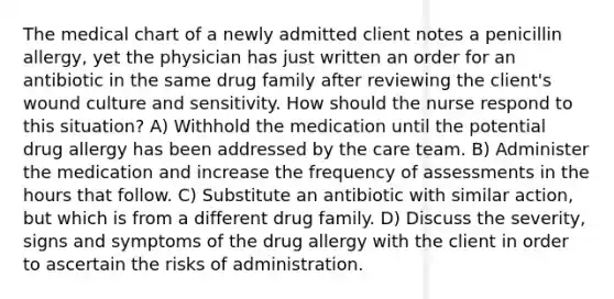 The medical chart of a newly admitted client notes a penicillin allergy, yet the physician has just written an order for an antibiotic in the same drug family after reviewing the client's wound culture and sensitivity. How should the nurse respond to this situation? A) Withhold the medication until the potential drug allergy has been addressed by the care team. B) Administer the medication and increase the frequency of assessments in the hours that follow. C) Substitute an antibiotic with similar action, but which is from a different drug family. D) Discuss the severity, signs and symptoms of the drug allergy with the client in order to ascertain the risks of administration.