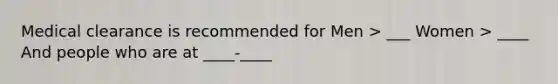 Medical clearance is recommended for Men > ___ Women > ____ And people who are at ____-____