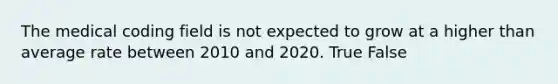 The medical coding field is not expected to grow at a higher than average rate between 2010 and 2020. True False