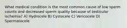 What medical condition is the most common cause of low sperm counts and decreased sperm quality because of testicular ischemia? A) Hydrocele B) Cystocele C) Vericocele D) Spermatocele