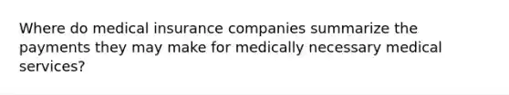 Where do medical insurance companies summarize the payments they may make for medically necessary medical services?