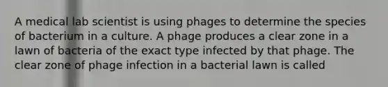 A medical lab scientist is using phages to determine the species of bacterium in a culture. A phage produces a clear zone in a lawn of bacteria of the exact type infected by that phage. The clear zone of phage infection in a bacterial lawn is called