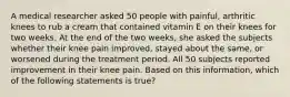 A medical researcher asked 50 people with painful, arthritic knees to rub a cream that contained vitamin E on their knees for two weeks. At the end of the two weeks, she asked the subjects whether their knee pain improved, stayed about the same, or worsened during the treatment period. All 50 subjects reported improvement in their knee pain. Based on this information, which of the following statements is true?