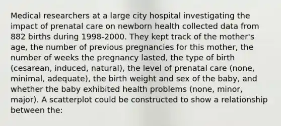 Medical researchers at a large city hospital investigating the impact of prenatal care on newborn health collected data from 882 births during 1998-2000. They kept track of the mother's age, the number of previous pregnancies for this mother, the number of weeks the pregnancy lasted, the type of birth (cesarean, induced, natural), the level of prenatal care (none, minimal, adequate), the birth weight and sex of the baby, and whether the baby exhibited health problems (none, minor, major). A scatterplot could be constructed to show a relationship between the: