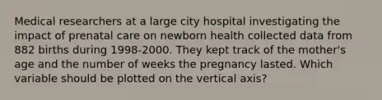 Medical researchers at a large city hospital investigating the impact of prenatal care on newborn health collected data from 882 births during 1998-2000. They kept track of the mother's age and the number of weeks the pregnancy lasted. Which variable should be plotted on the vertical axis?