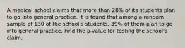 A medical school claims that more than 28% of its students plan to go into general practice. It is found that among a random sample of 130 of the school's students, 39% of them plan to go into general practice. Find the p-value for testing the school's claim.