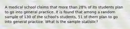 A medical school claims that more than 28% of its students plan to go into general practice. It is found that among a random sample of 130 of the school's students, 51 of them plan to go into general practice. What is the sample statistic?