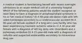 A medical student is familiarizing herself with recent overnight admissions to an acute medical unit of a university hospital. Which of the following patients would the student recognize as least likely to have a diagnosis of antiphospholipid syndrome in his or her medical history? A) A 66-year-old obese male with left-sided hemiplegia secondary to a cerebrovascular accident B) A 90-year-old female resident of a long-term care facility who has been experiencing transient ischemic attacks C) A 30-year-old female with a diagnosis of left leg deep vein thrombosis and a pulmonary embolism D) A 21-year-old male with a diagnosis of cellulitis and suspected endocarditis secondary to intravenous drug use