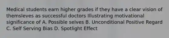 Medical students earn higher grades if they have a clear vision of themsleves as successful doctors Illustrating motivational significance of A. Possible selves B. Unconditional Positive Regard C. Self Serving Bias D. Spotlight Effect