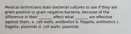 Medical technicians stain bacterial cultures to see if they are gram positive or gram negative bacteria, because of the difference in their _______ affect what _______ are effective against them. a. cell walls; antibiotics b. flagella; antibiotics c. flagella; plasmids d. cell walls; plasmids