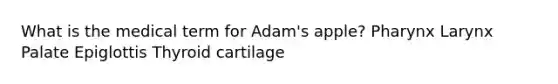 What is the medical term for Adam's apple? Pharynx Larynx Palate Epiglottis Thyroid cartilage