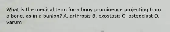 What is the medical term for a bony prominence projecting from a bone, as in a bunion? A. arthrosis B. exostosis C. osteoclast D. varum