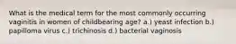 What is the medical term for the most commonly occurring vaginitis in women of childbearing age? a.) yeast infection b.) papilloma virus c.) trichinosis d.) bacterial vaginosis