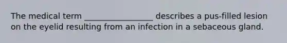 The medical term _________________ describes a pus-filled lesion on the eyelid resulting from an infection in a sebaceous gland.