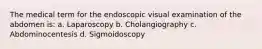 The medical term for the endoscopic visual examination of the abdomen is: a. Laparoscopy b. Cholangiography c. Abdominocentesis d. Sigmoidoscopy