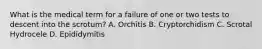 What is the medical term for a failure of one or two tests to descent into the scrotum? A. Orchitis B. Cryptorchidism C. Scrotal Hydrocele D. Epididymitis