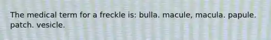 The medical term for a freckle is: bulla. macule, macula. papule. patch. vesicle.