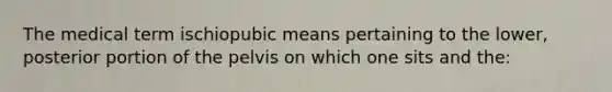 The medical term ischiopubic means pertaining to the lower, posterior portion of the pelvis on which one sits and the: