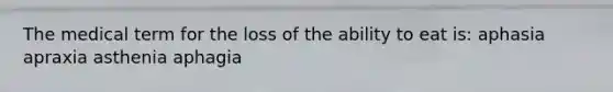The medical term for the loss of the ability to eat is: aphasia apraxia asthenia aphagia