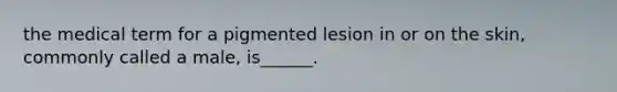 the medical term for a pigmented lesion in or on the skin, commonly called a male, is______.