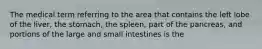 The medical term referring to the area that contains the left lobe of the liver, the stomach, the spleen, part of the pancreas, and portions of the large and small intestines is the