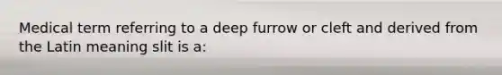 Medical term referring to a deep furrow or cleft and derived from the Latin meaning slit is a: