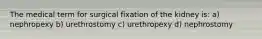 The medical term for surgical fixation of the kidney is: a) nephropexy b) urethrostomy c) urethropexy d) nephrostomy