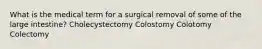 What is the medical term for a surgical removal of some of the large intestine? Cholecystectomy Colostomy Colotomy Colectomy