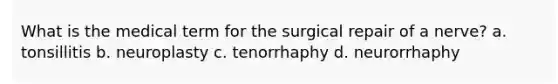 What is the medical term for the surgical repair of a nerve? a. tonsillitis b. neuroplasty c. tenorrhaphy d. neurorrhaphy