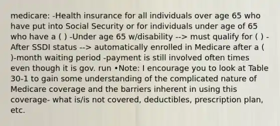 medicare: -Health insurance for all individuals over age 65 who have put into Social Security or for individuals under age of 65 who have a ( ) -Under age 65 w/disability --> must qualify for ( ) -After SSDI status --> automatically enrolled in Medicare after a ( )-month waiting period -payment is still involved often times even though it is gov. run •Note: I encourage you to look at Table 30-1 to gain some understanding of the complicated nature of Medicare coverage and the barriers inherent in using this coverage- what is/is not covered, deductibles, prescription plan, etc.