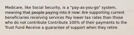 Medicare, like Social Security, is a "pay-as-you-go" system, meaning that people paying into it now: Are supporting current beneficiaries receiving services Pay lower tax rates than those who do not contribute Contribute 100% of their payments to the Trust Fund Receive a guarantee of support when they retire