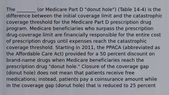 The ________ (or Medicare Part D "donut hole") (Table 14-4) is the difference between the initial coverage limit and the catastrophic coverage threshold for the Medicare Part D prescription drug program. Medicare beneficiaries who surpass the prescription drug-coverage limit are financially responsible for the entire cost of prescription drugs until expenses reach the catastrophic coverage threshold. Starting in 2011, the PPACA (abbreviated as the Affordable Care Act) provided for a 50 percent discount on brand-name drugs when Medicare beneficiaries reach the prescription drug "donut hole." Closure of the coverage gap (donut hole) does not mean that patients receive free medications; instead, patients pay a coinsurance amount while in the coverage gap (donut hole) that is reduced to 25 percent