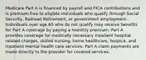 Medicare Part A is financed by payroll and FICA contributions and is premium-free to eligible individuals who qualify through Social Security, Railroad Retirement, or government employment. Individuals over age 65 who do not qualify may receive benefits for Part A coverage by paying a monthly premium. Part A provides coverage for medically necessary inpatient hospital related charges, skilled nursing, home healthcare, hospice, and inpatient mental health care services. Part A claim payments are made directly to the provider for covered services.