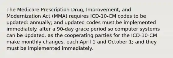 The Medicare Prescription Drug, Improvement, and Modernization Act (MMA) requires ICD-10-CM codes to be updated: annually; and updated codes must be implemented immediately. after a 90-day grace period so computer systems can be updated. as the cooperating parties for the ICD-10-CM make monthly changes. each April 1 and October 1; and they must be implemented immediately.