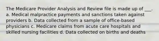 The Medicare Provider Analysis and Review file is made up of ___. a. Medical malpractice payments and sanctions taken against providers b. Data collected from a sample of office-based physicians c. Medicare claims from acute care hospitals and skilled nursing facilities d. Data collected on births and deaths