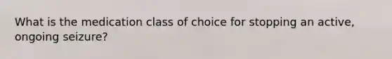 What is the medication class of choice for stopping an active, ongoing seizure?