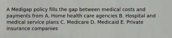 A Medigap policy fills the gap between medical costs and payments from A. Home health care agencies B. Hospital and medical service plans C. Medicare D. Medicaid E. Private insurance companies