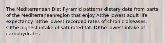 The Mediterranean Diet Pyramid patterns dietary data from parts of the Mediterraneanregion that enjoy A)the lowest adult life expectancy. B)the lowest recorded rates of chronic diseases. C)the highest intake of saturated fat. D)the lowest intake of carbohydrates.