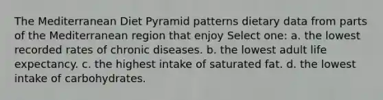 The Mediterranean Diet Pyramid patterns dietary data from parts of the Mediterranean region that enjoy Select one: a. the lowest recorded rates of chronic diseases. b. the lowest adult life expectancy. c. the highest intake of saturated fat. d. the lowest intake of carbohydrates.