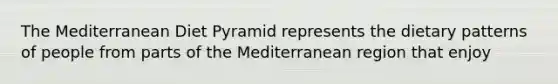 The Mediterranean Diet Pyramid represents the dietary patterns of people from parts of the Mediterranean region that enjoy