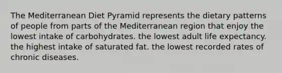 The Mediterranean Diet Pyramid represents the dietary patterns of people from parts of the Mediterranean region that enjoy the lowest intake of carbohydrates. the lowest adult life expectancy. the highest intake of saturated fat. the lowest recorded rates of chronic diseases.