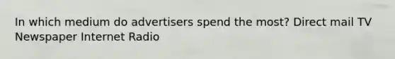 In which medium do advertisers spend the most? Direct mail TV Newspaper Internet Radio