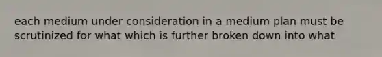 each medium under consideration in a medium plan must be scrutinized for what which is further broken down into what
