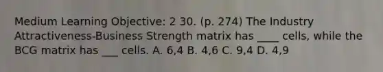 Medium Learning Objective: 2 30. (p. 274) The Industry Attractiveness-Business Strength matrix has ____ cells, while the BCG matrix has ___ cells. A. 6,4 B. 4,6 C. 9,4 D. 4,9