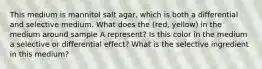 This medium is mannitol salt agar, which is both a differential and selective medium. What does the (red, yellow) in the medium around sample A represent? Is this color in the medium a selective or differential effect? What is the selective ingredient in this medium?