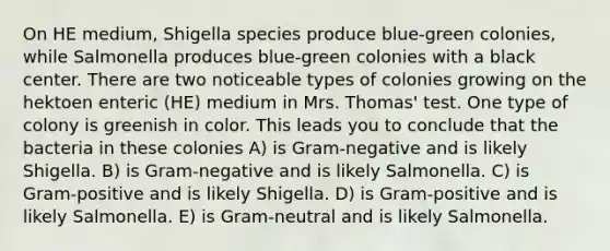 On HE medium, Shigella species produce blue-green colonies, while Salmonella produces blue-green colonies with a black center. There are two noticeable types of colonies growing on the hektoen enteric (HE) medium in Mrs. Thomas' test. One type of colony is greenish in color. This leads you to conclude that the bacteria in these colonies A) is Gram-negative and is likely Shigella. B) is Gram-negative and is likely Salmonella. C) is Gram-positive and is likely Shigella. D) is Gram-positive and is likely Salmonella. E) is Gram-neutral and is likely Salmonella.